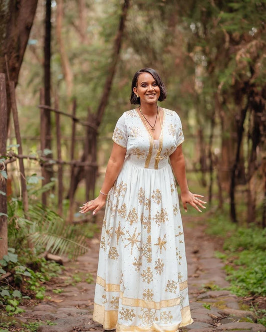 Stunning Habesha Kemis with Gold Floral Accents – Habesha Dress – Traditional Ethiopian Clothing – Cultural Dress
