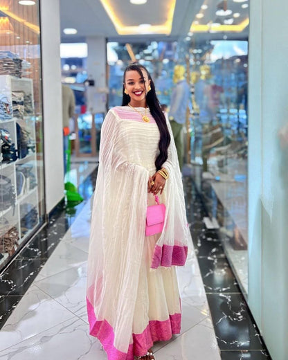 Simple Habesha Kemis with Pink Accents – Habesha Dress – Ethiopian Traditional Clothing – Habesha Clothing