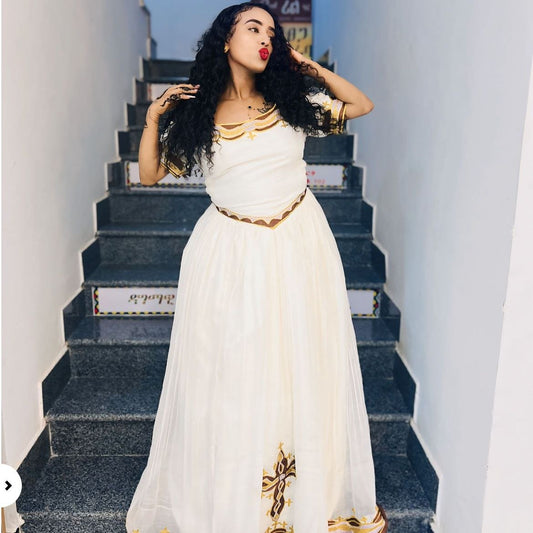 Stunning Habesha Kemis with Brown and Gold Accents – Habesha Dress – Ethiopian Traditional Clothing 
