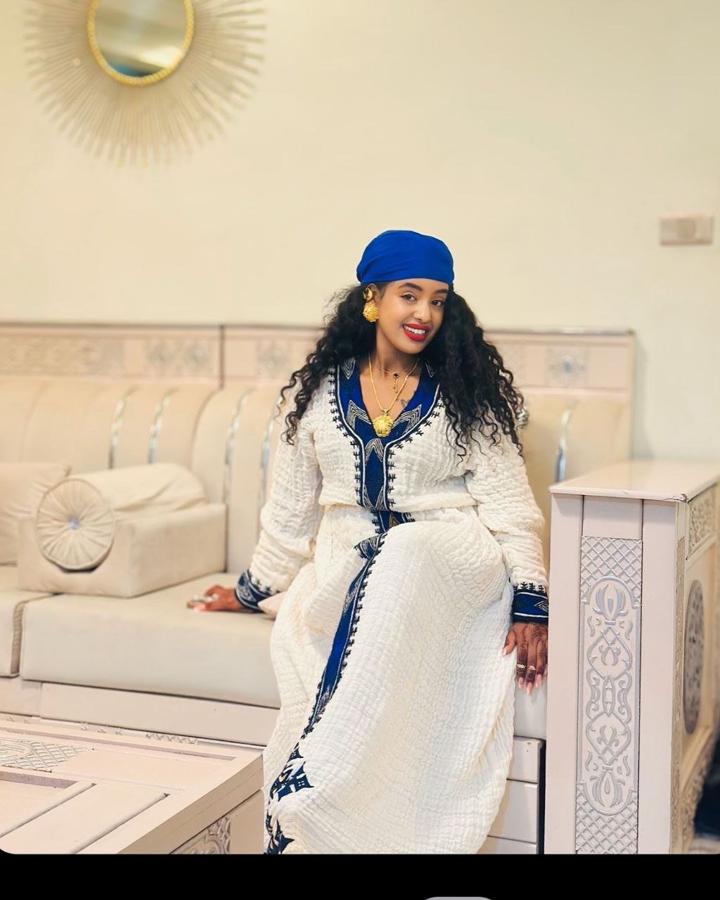 Simple Habesha Dress with Navy Blue Accents – Habesha Kemis – Ethiopian Traditional Clothing