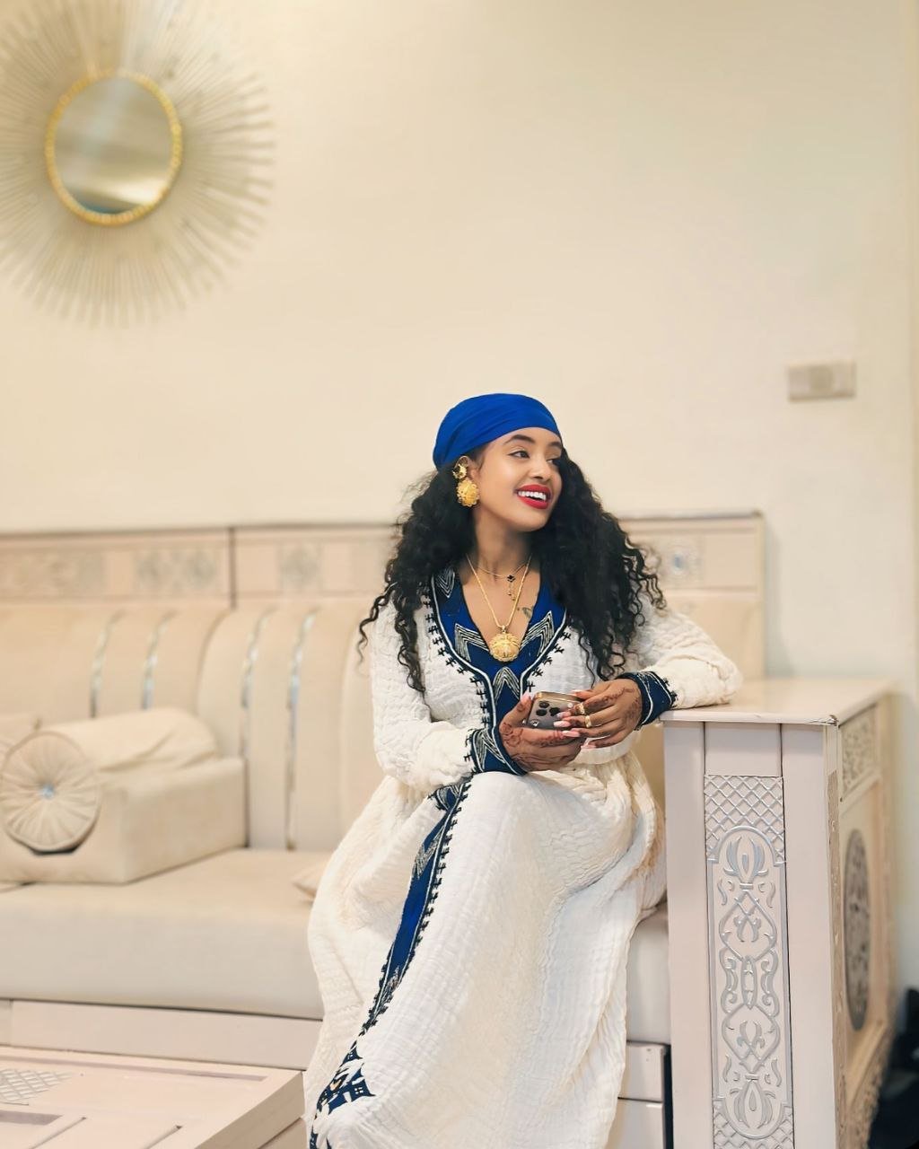 Simple Habesha Dress with Navy Blue Accents – Habesha Kemis – Ethiopian Traditional Clothing