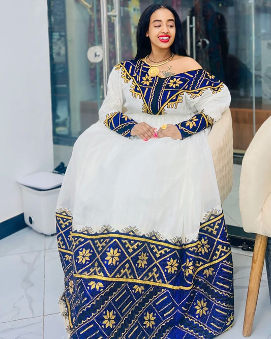 Gorgeous Habesha Kemis with Blue and Gold Accents – Habesha Dress – Habesha Clothing
