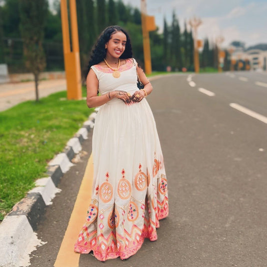 Beautiful Habesha Kemis with Colorful Floral Accents – Eritrean Clothing – Habesha Dress
