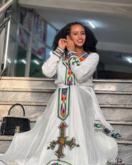 Beautiful Habesha Kemis with Colorful Accents – Traditional Ethiopian Dress – Cultural Dress
