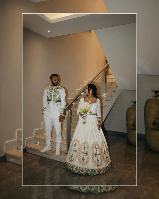 Luxurious Habesha Wedding Outfit for Couples – Ethiopian Traditional Attire with Green & Gold Embroidery