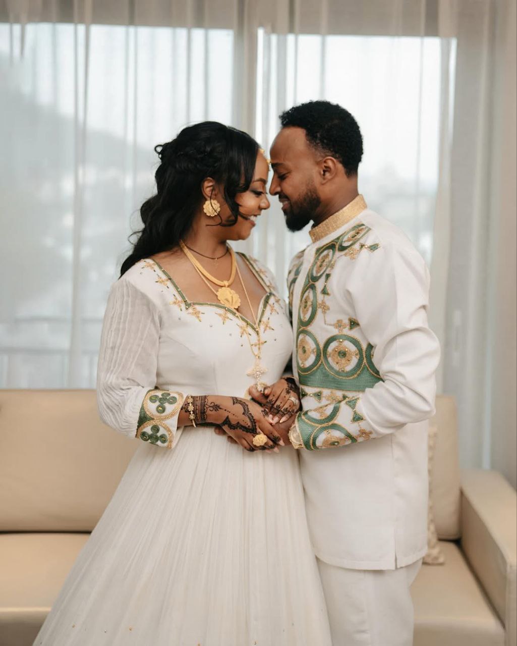 Luxurious Habesha Wedding Outfit for Couples – Ethiopian Traditional Attire with Green & Gold Embroidery