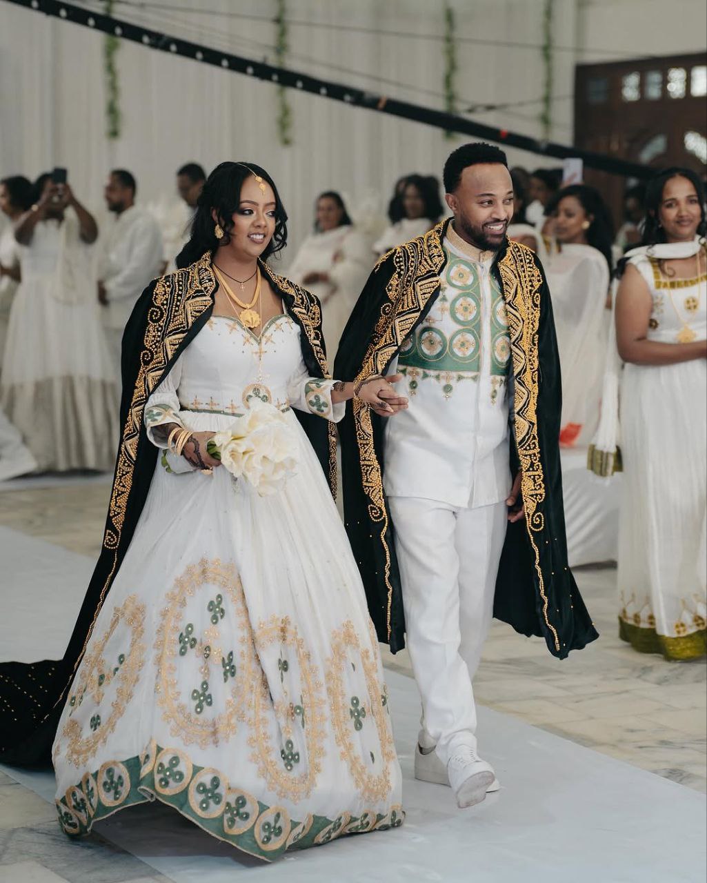 Luxurious Habesha Wedding Outfit for Couples – Ethiopian Traditional Attire with Green & Gold Embroidery