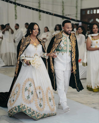 Luxurious Habesha Wedding Outfit for Couples – Ethiopian Traditional Attire with Green & Gold Embroidery