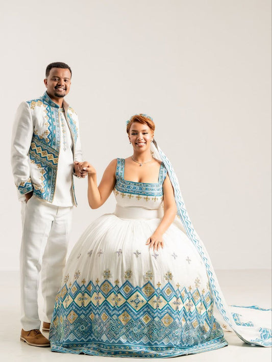 Beautiful Habesha Wedding Attire for Couples – Cultural Ethiopian Clothing with Green & Gold Details