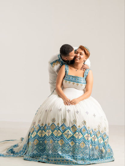 Beautiful Habesha Wedding Attire for Couples – Cultural Ethiopian Clothing with Blue & Gold Details