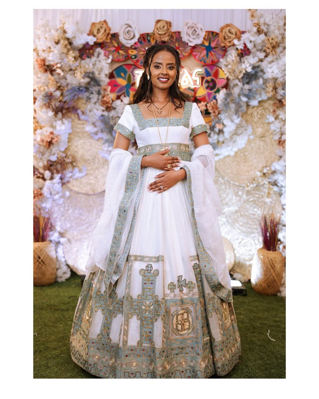 Exquisite  Ethiopian Bridal Dress Handcrafted Golden & Soft Blue Embroidered Habesha Kemis
