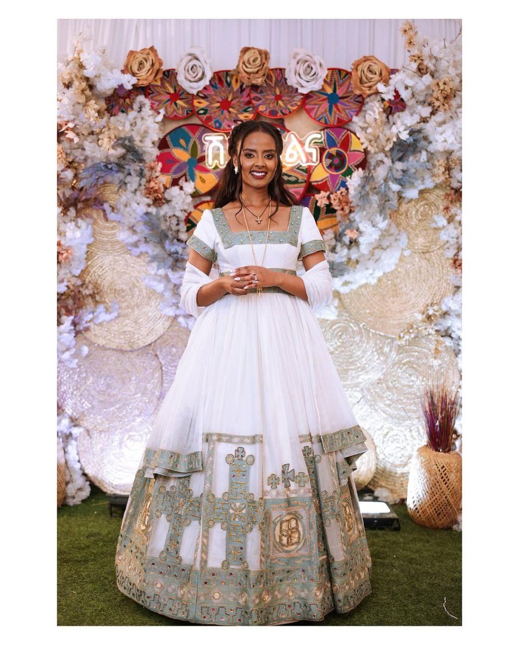 Exquisite  Ethiopian Bridal Dress  Handcrafted Golden & Soft Blue Embroidered Habesha Kemis