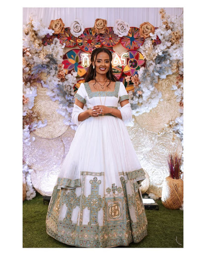 Exquisite  Ethiopian Bridal Dress  Handcrafted Golden & Soft Blue Embroidered Habesha Kemis