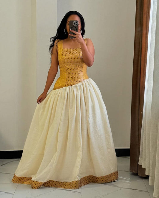 Vibrant Golden Habesha Dress with Intricate Patterns – Modern Habesha Kemise