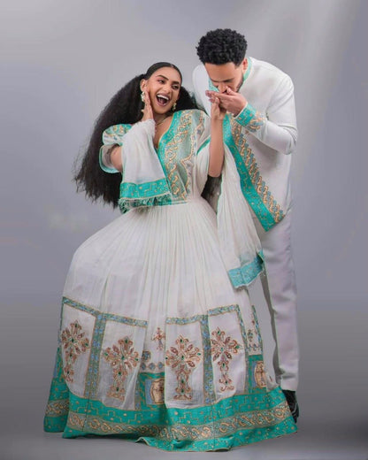 Traditional Couple Attire with Elegant Green Embroidery – Habesha Wedding Dress– Ethiopian Traditional Clothing – Eritrean Wedding Dress
