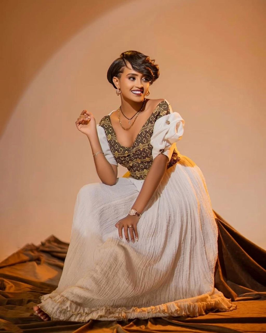 Elegant Habesha Dress Gold Embroidery Habesha Kemis Short Sleeve Eritrean Dress 0008