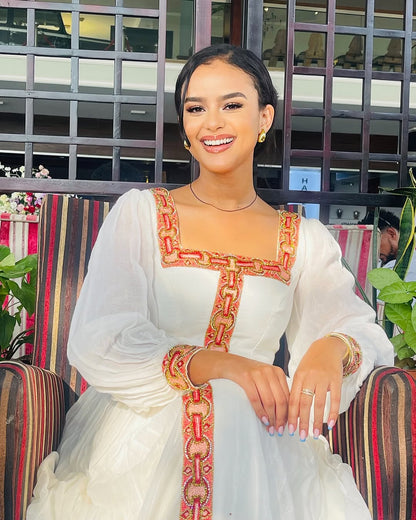 Stunning Habesha Dress with Red Embroidery for Holiday Gathering Ethiopian Dress