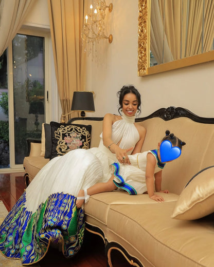 Chic Green and Blue Habesha Kemis Beautiful Ethiopian Clothing