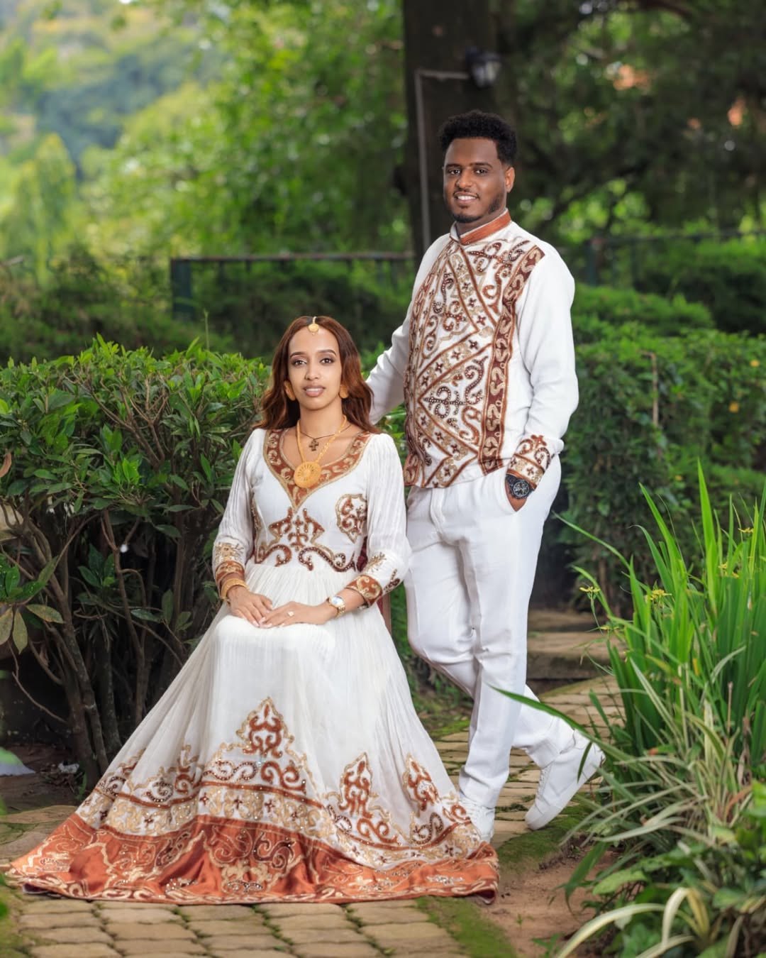 Elegant Brown Embroidered Couples Outfit for Celebrations Habesha Couple's Outfit