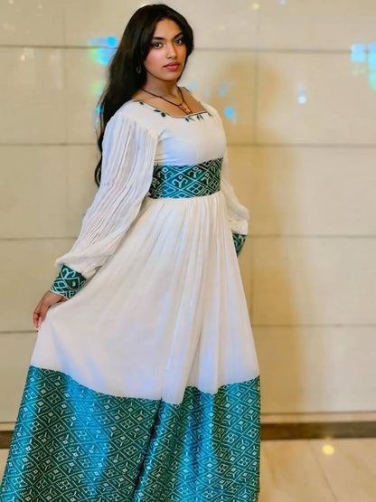 Chic Habesha Clothing with Teal Accents Ethiopian Dress Design