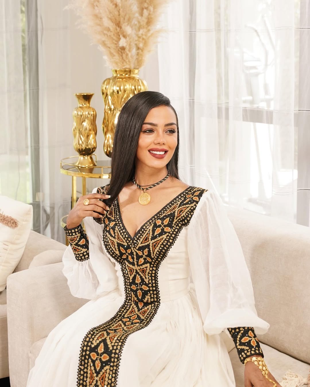 White Habesha Kemis Black & Gold Ethiopian Dress Design