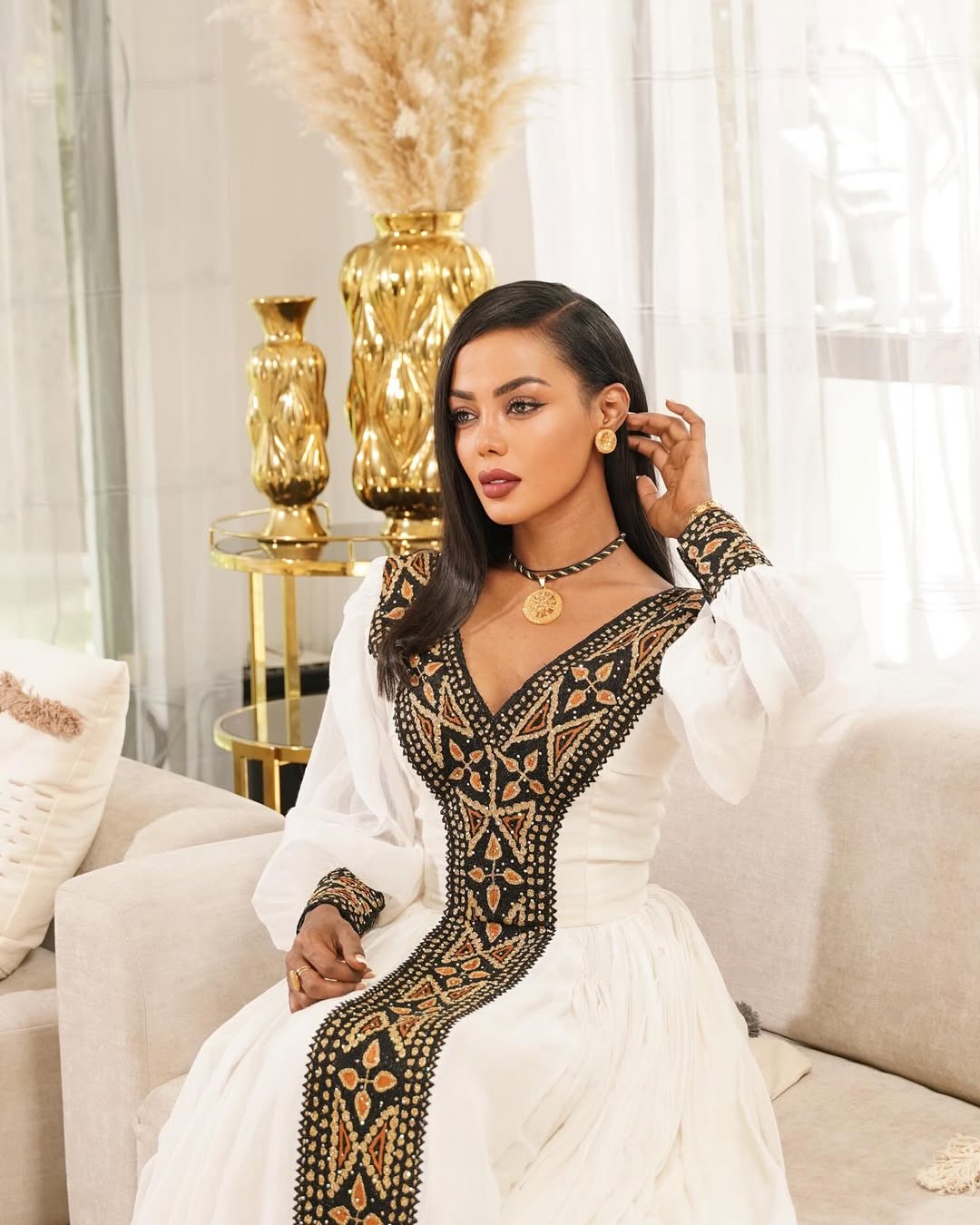 White Habesha Kemis Black & Gold Ethiopian Dress Design