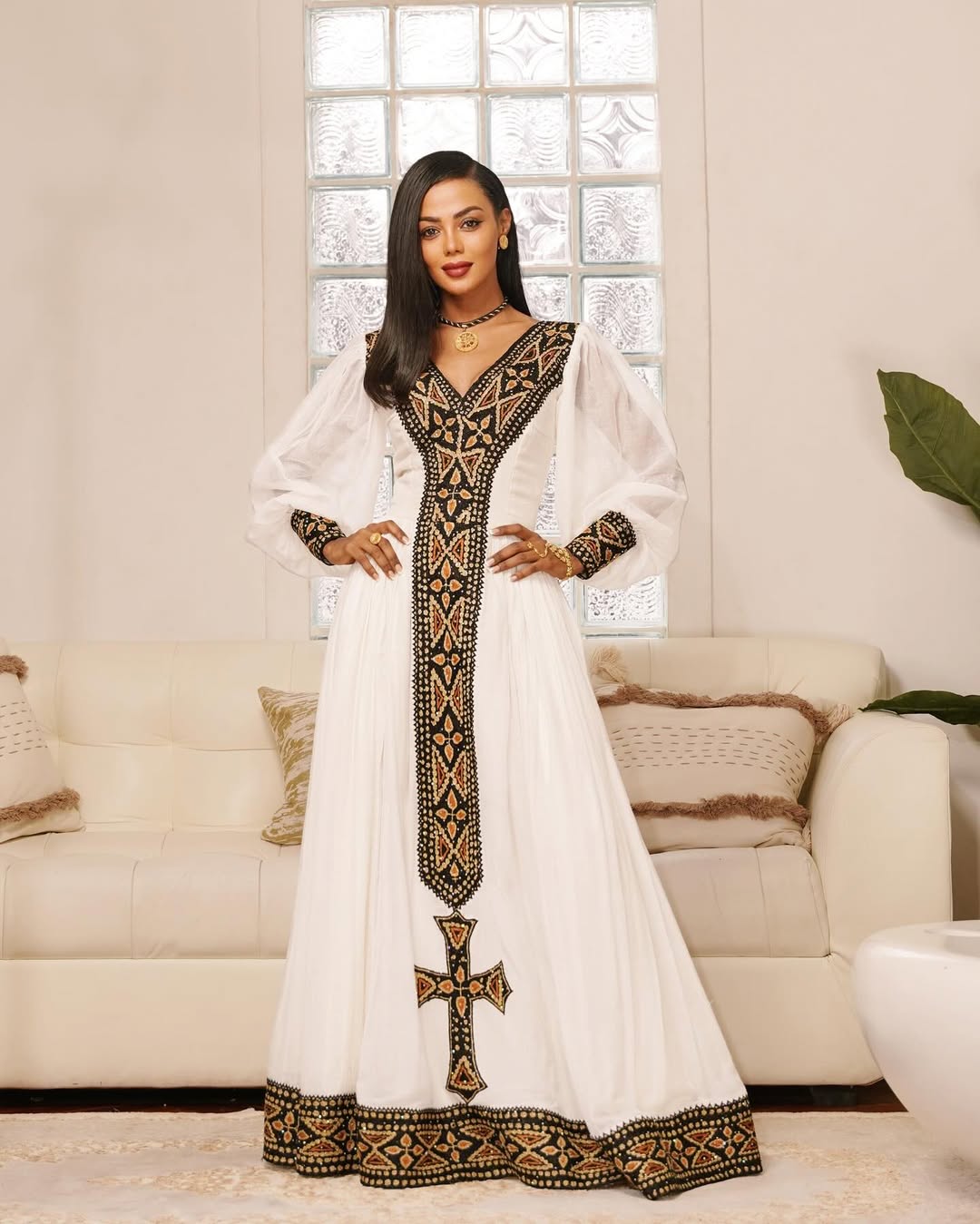 White Habesha Kemis Black & Gold Ethiopian Dress Design