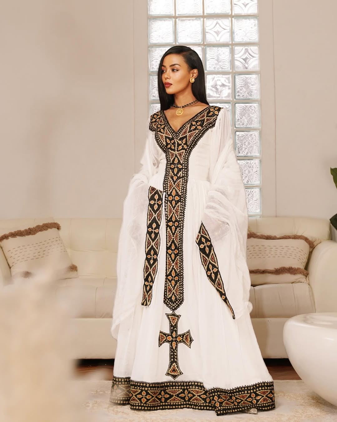 White Habesha Kemis with Bold Black & Gold Tibeb Embroidery