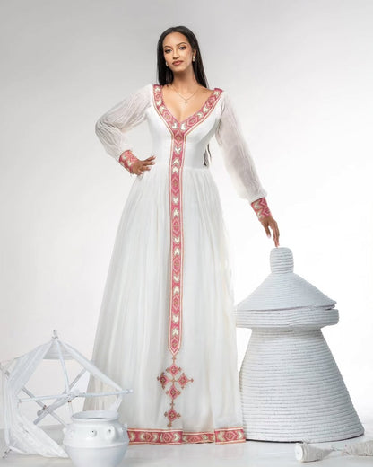 Elegant Ethiopian Habesha Kemis with Pink & Gold Tibeb Detailing