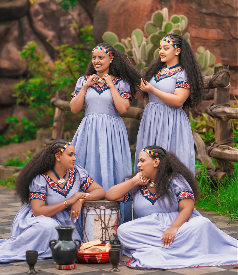 Festive Ashenda Dress Beautiful Blue Habesha Kemis authentic Ethiopian Traditional Dress  0001