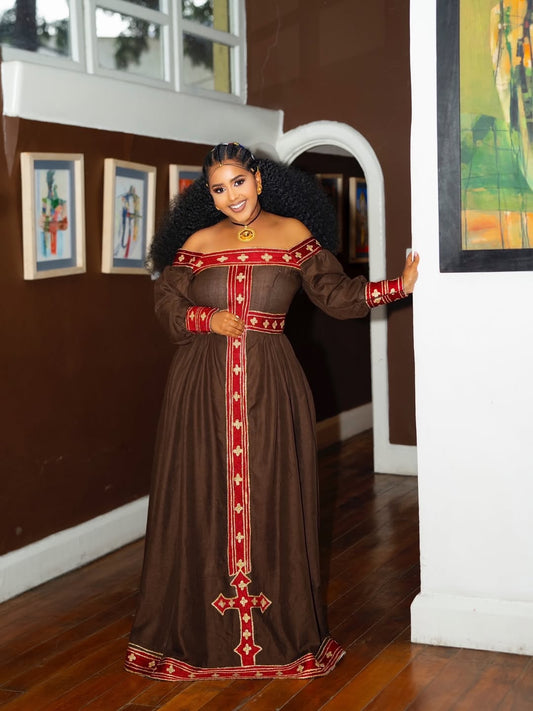 Cultural Habesha Dress Brown with Red Cross Embroidery
