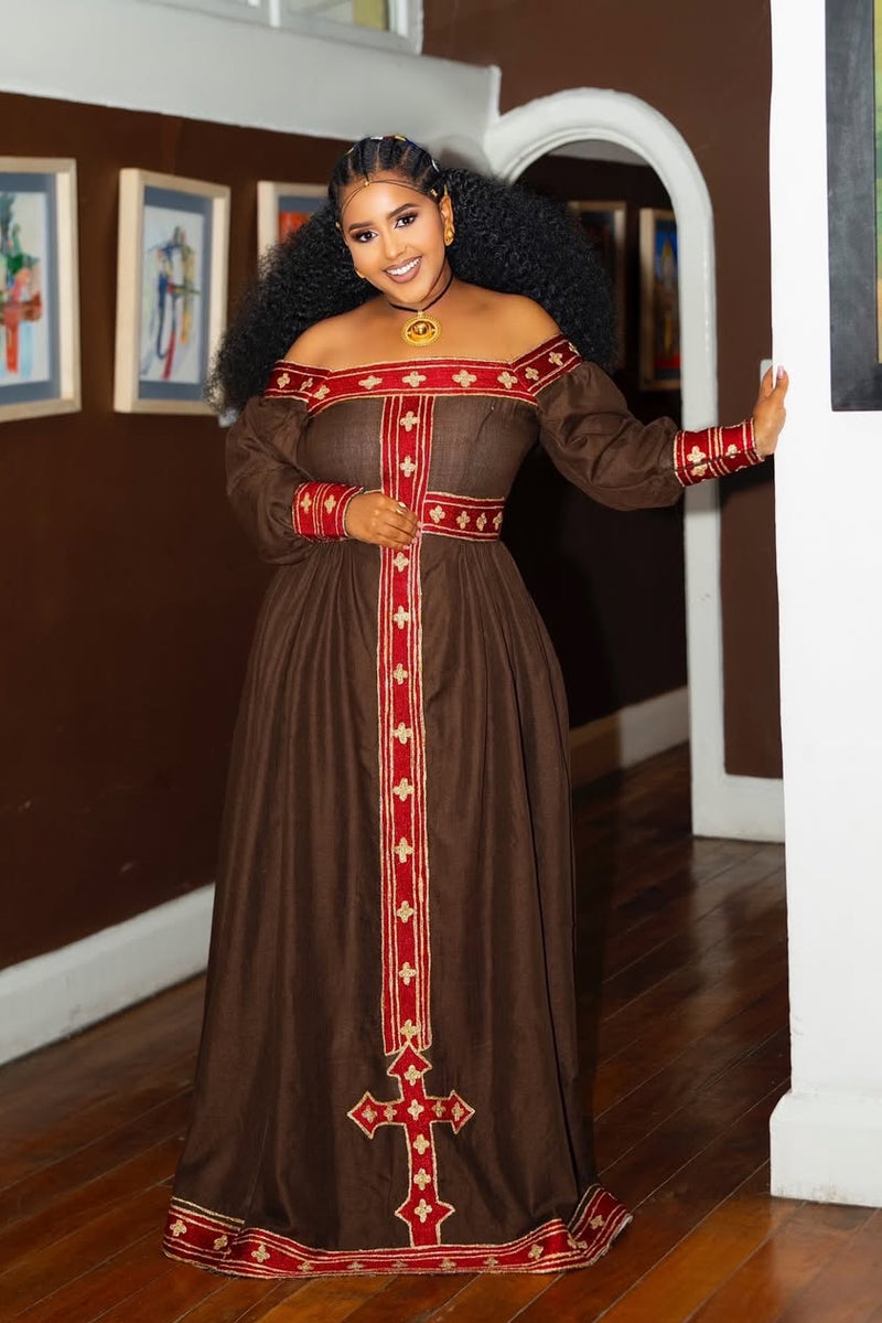 Cultural Habesha Dress Brown with Red Cross Embroidery