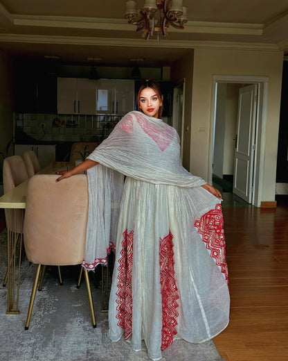 Red Embroidery Habesha Dress Modern Design Habesha Kemis Elegant Ethiopian Clothing 0021