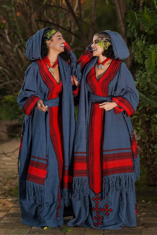 Cultural Habesha Dress Blue and Red Habesha Kemis Holiday Style Ethiopian Clothing 0023