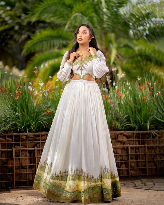White And Green Tilet  Ethiopian Dress Stunning Habesha Kemis 