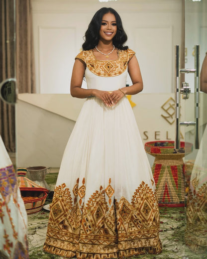 Traditional Ethiopian Habesha Kemis with Golden Tibeb Embroidery

