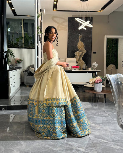 Blue and Gold Tibeb Habesha Wedding Dress Luxurious Habesha Kemis Strapless Ethiopian Wedding Dress 0033