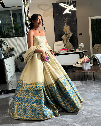 Blue and Gold Tibeb Habesha Wedding Dress Luxurious Habesha Kemis Strapless Ethiopian Wedding Dress 0033