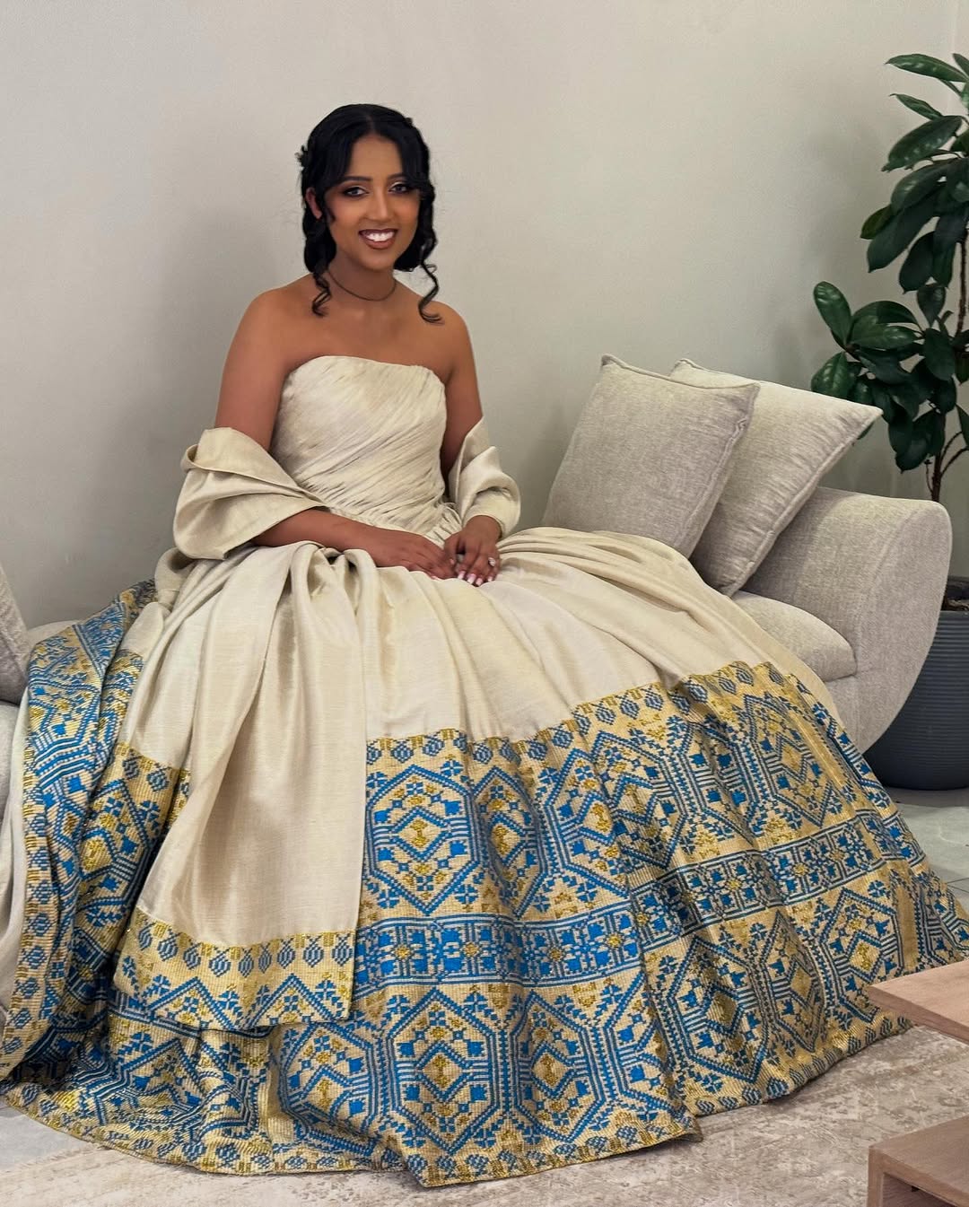 Modern Ethiopian Wedding Dress with Blue & Gold Tibeb  Elegant Bridal Gown