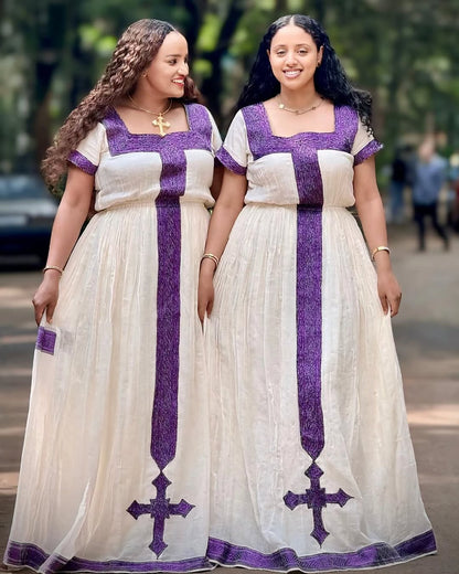 Matching Ethiopian Habesha Dresses with Purple Cross Embroidery – Traditional Religious Wear