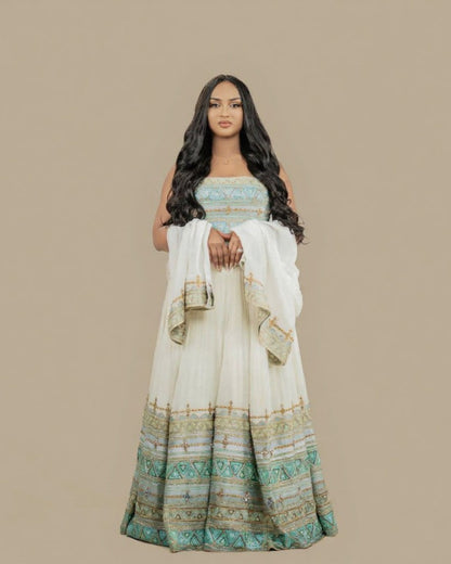 Ethiopian Habesha Kemis – Green and Gold Tibeb Traditional Dress