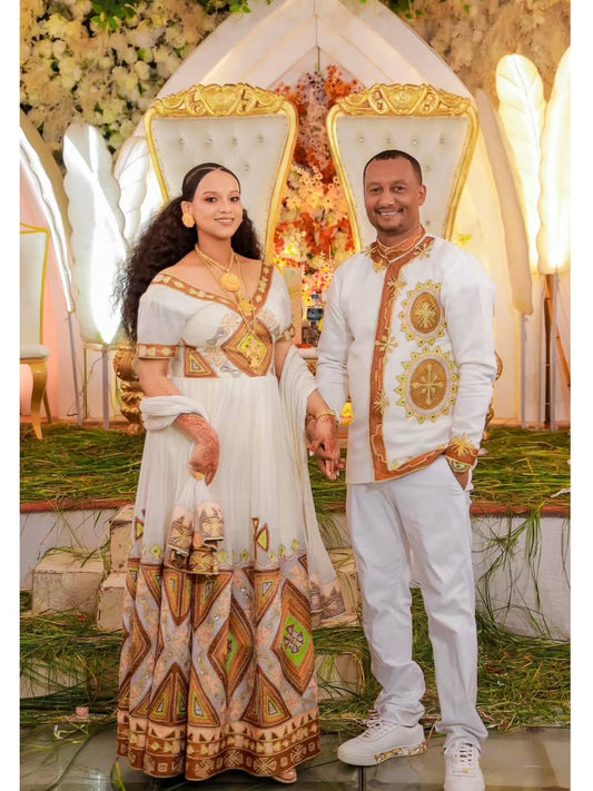 Ethiopian Wedding Couple Outfit – Traditional Habesha Kemis & Men’s Suit