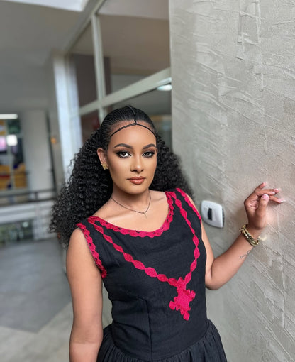 Modern Black Habesha Kemis Red Tibeb Ethiopian Dress Stylish Habesha Dress 0043