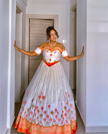Off-Shoulder Habesha Kemis – Ethiopian Traditional Dress with Orange & Gold Embroidery