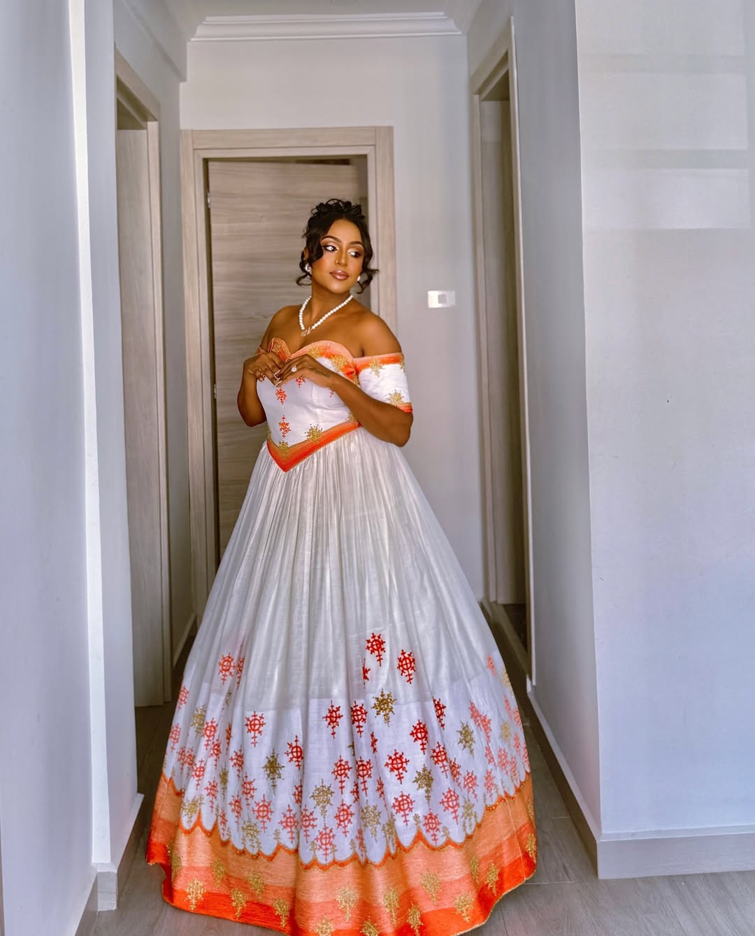 Off-Shoulder Habesha Kemis Orange & Gold Embroidery Habesha Dress Wedding Ethiopian Clothing 0044