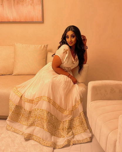 Stunning Habesha Kemis Gold Tibeb Embroidery Ethiopian Traditional Dress Beautifully Crafted Habesha Dress 0046