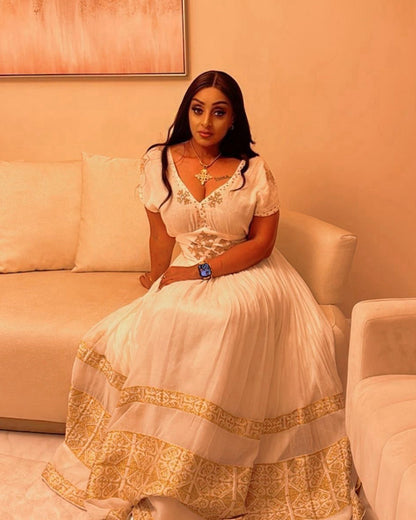 Elegant Habesha Kemis – Traditional Ethiopian Dress with Gold Tibeb