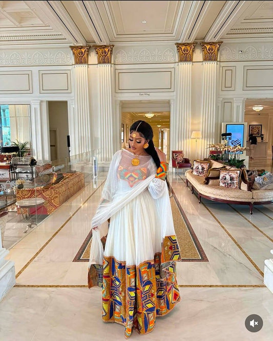 Majestic Habesha Kemis – Traditional Ethiopian Dress with Bold Geometric Tibeb