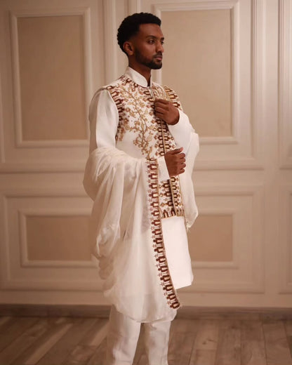 Imperial Men’s Ethiopian Outfit Handcrafted Habesha Clothing with Gold Embroidery Elegant Men's Habesha Cloth Includes Netela and Pants 0050