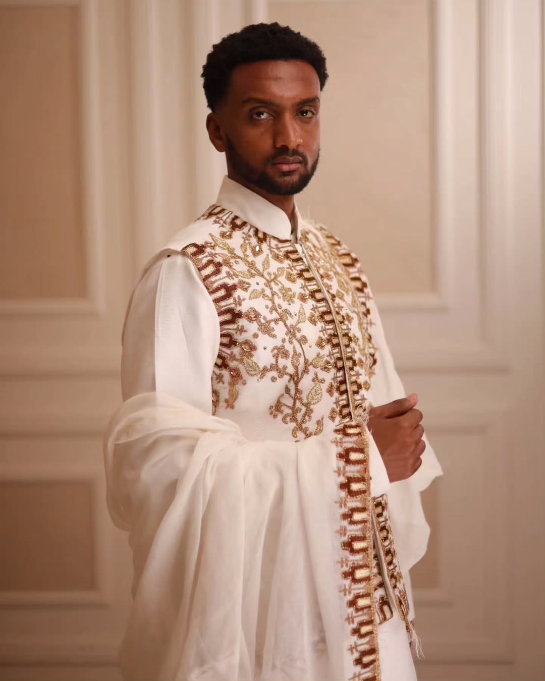 Imperial Men’s Ethiopian Outfit Handcrafted Habesha Clothing with Gold Embroidery Elegant Men's Habesha Cloth Includes Netela and Pants 0050